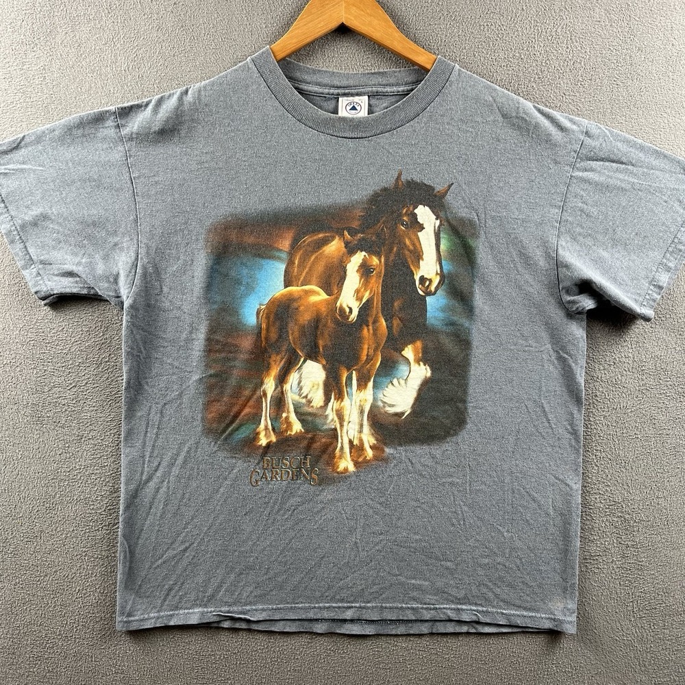 Vintage Busch Gardens Shirt Mens Large Blue Clydesdale Horses Graphic Tee 90s